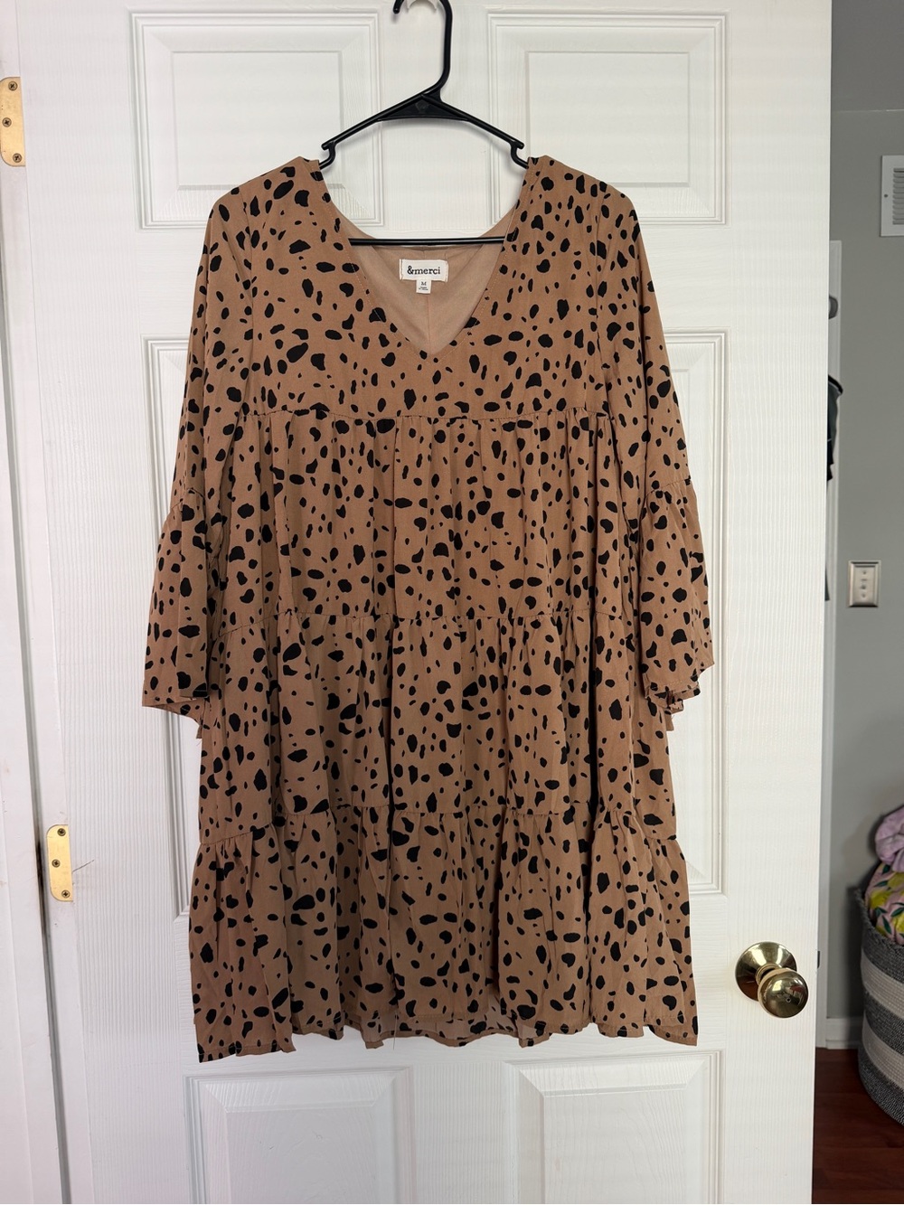 Pink Lily Tan Babydoll Dress with Black Spot Print